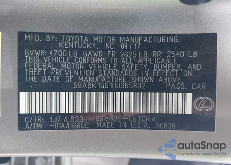 2017 Lexus Es 350 z USA, uszkodzony, nr VIN 58ABK1GG1HU065802